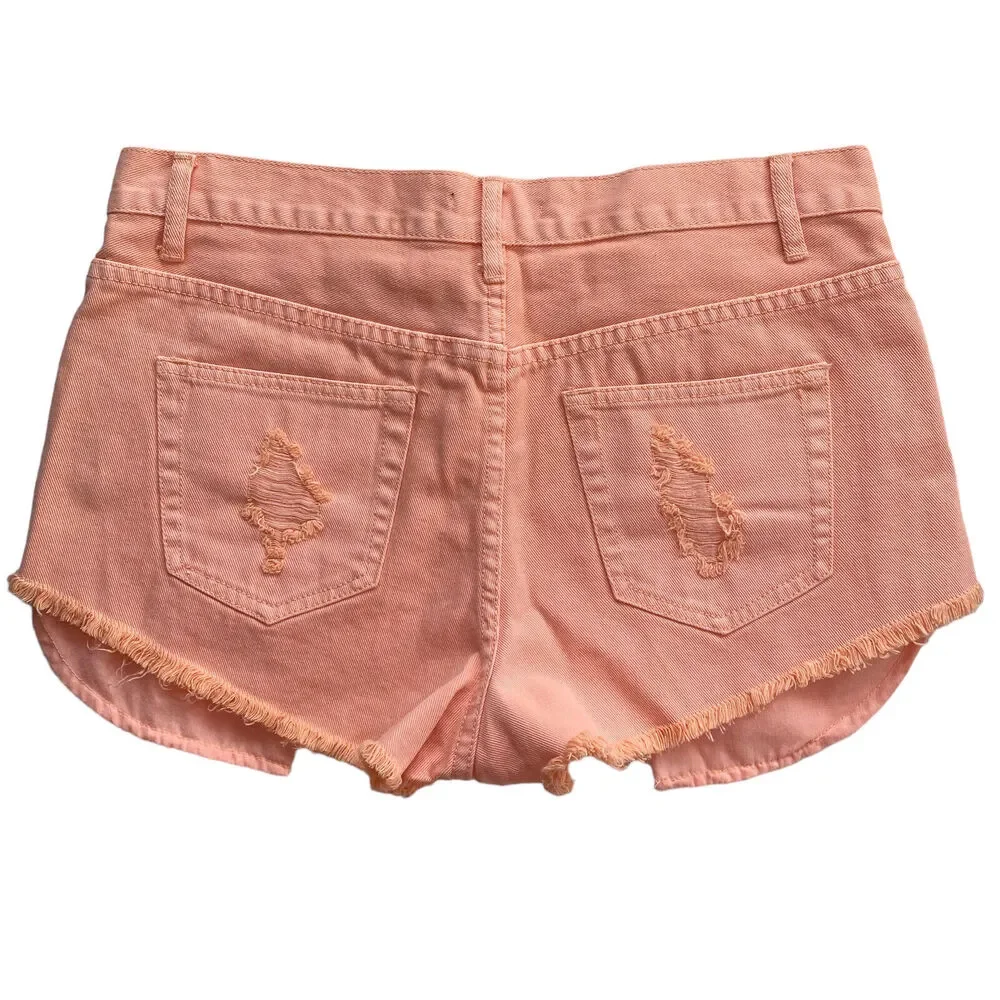 Forever 21 Shorts Womens Size 31 Peach Button Fly Jean Destroyed Raw Cuff Cotton